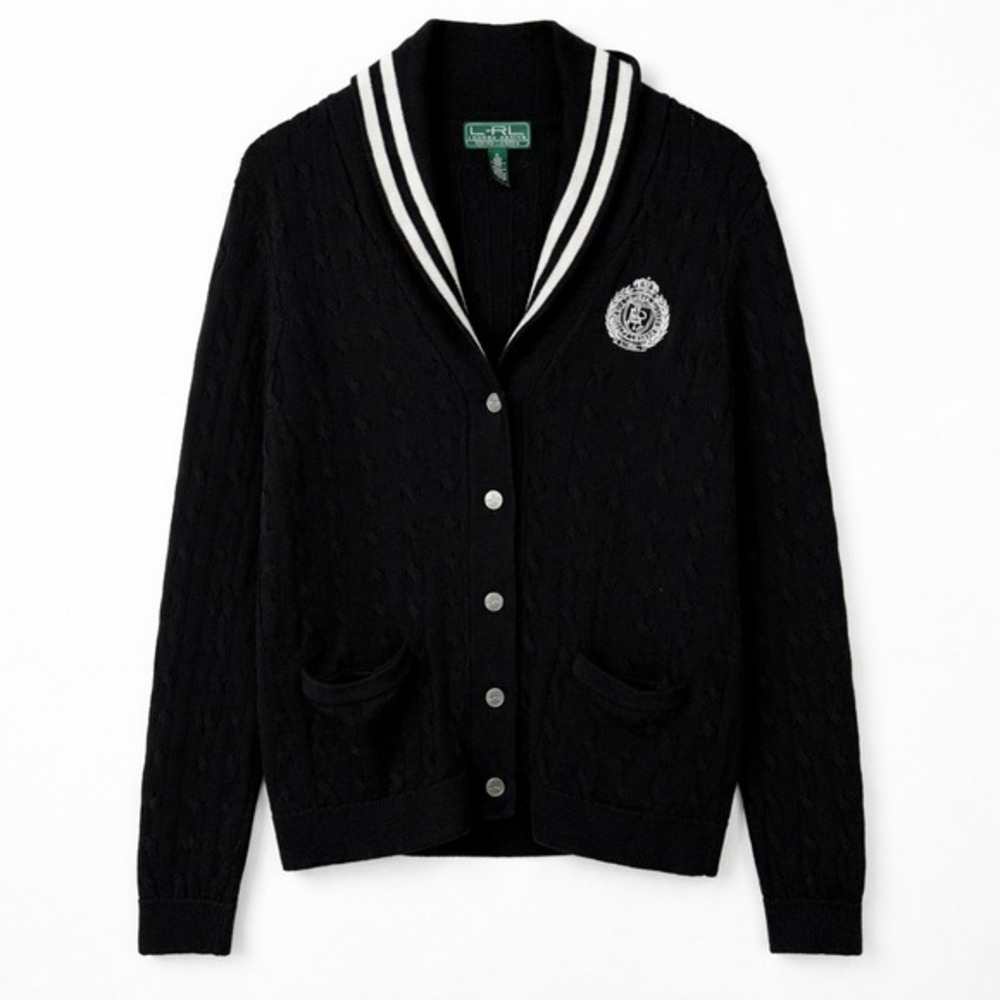 Lauren Ralph Lauren Active Cardigan Black Varsity‎ Cable Knit Shawl Collar Sz XL - Picture 2 of 7